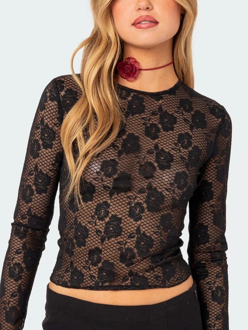 Edikted Black Floral Lace Sheer Long-Sleeve Top